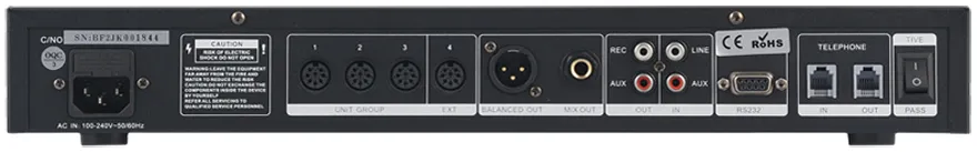 Złącza w jednostce centralnej mikrofonowego systemu przewodowego BKR BLS-351M