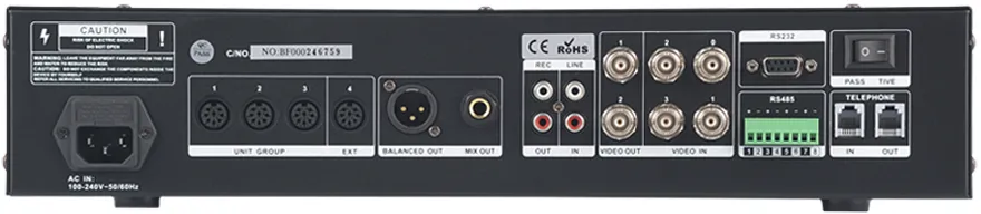 Złącza w jednostce centralnej mikrofonowego systemu przewodowego BKR BLS-U450M