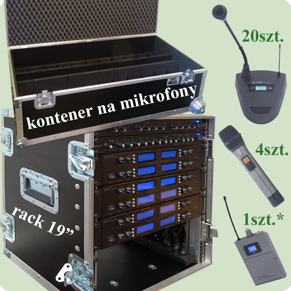 kompletny zestaw mikrofonów bezprzewowodych w kontenerach transportowych